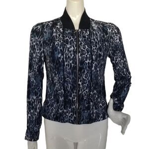 CACHE Jacket, 4, Blue Leopard print, Zipper front, Collar, Snap cuffs
